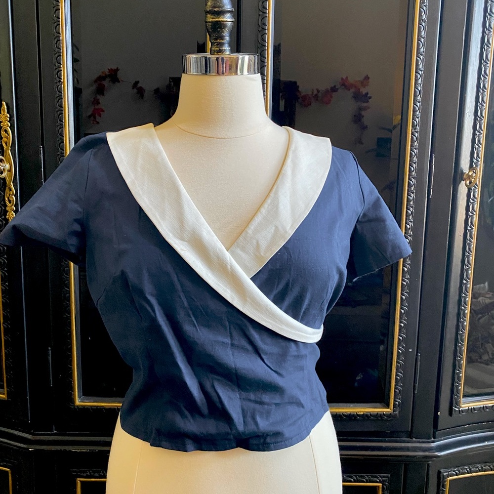 XXL Collectif Wrap Blouse Navy and White Vintage Retro style blouse